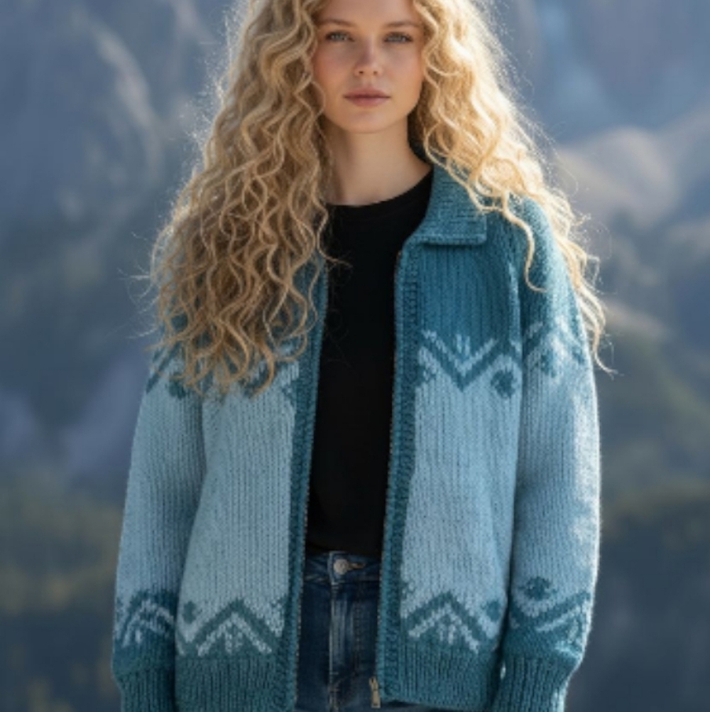 Women's Blue Patterned Cardigan Sweater - Picture 8 of 12